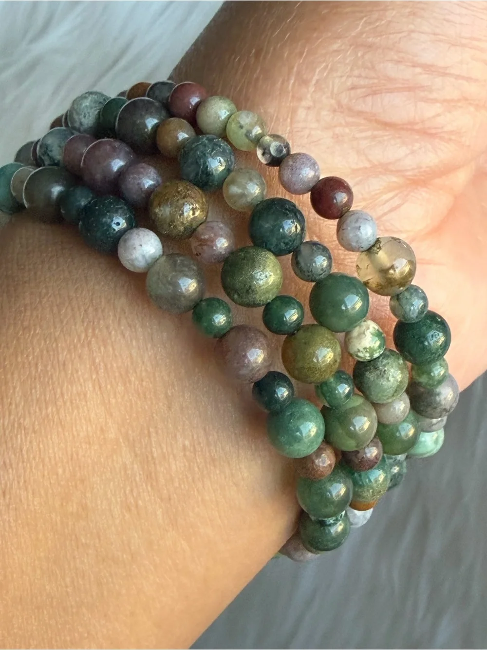Multicolor Graduated Natural Stone Bead Memory Wire Bracelet - Green Accents